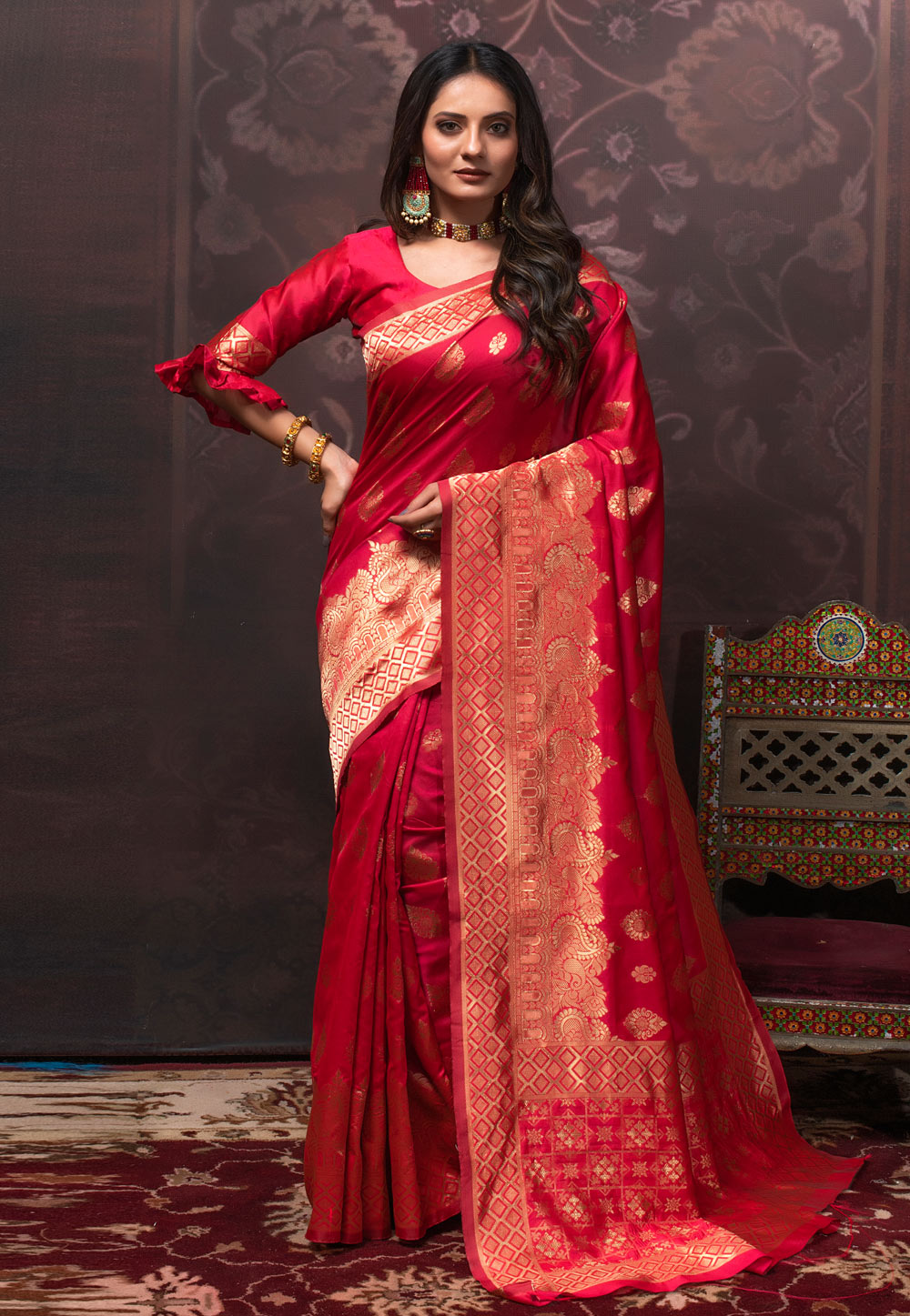 1277 18211082021 red banarasi silk saree with blouse