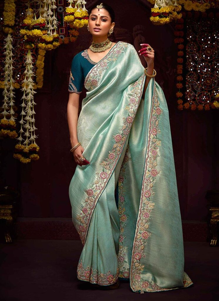turquoise blue banarasi silk embroidered and sequins beads thread work saree sascc3895sa351 u